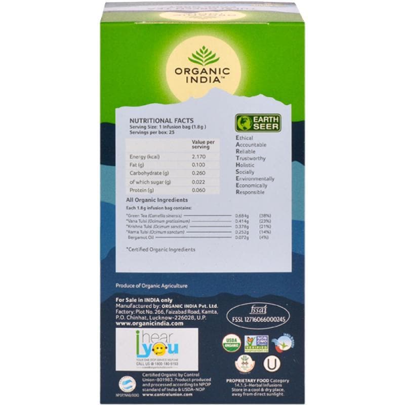 Organic India Tulsi Green Tea Earl Grey 25 Tea Bags